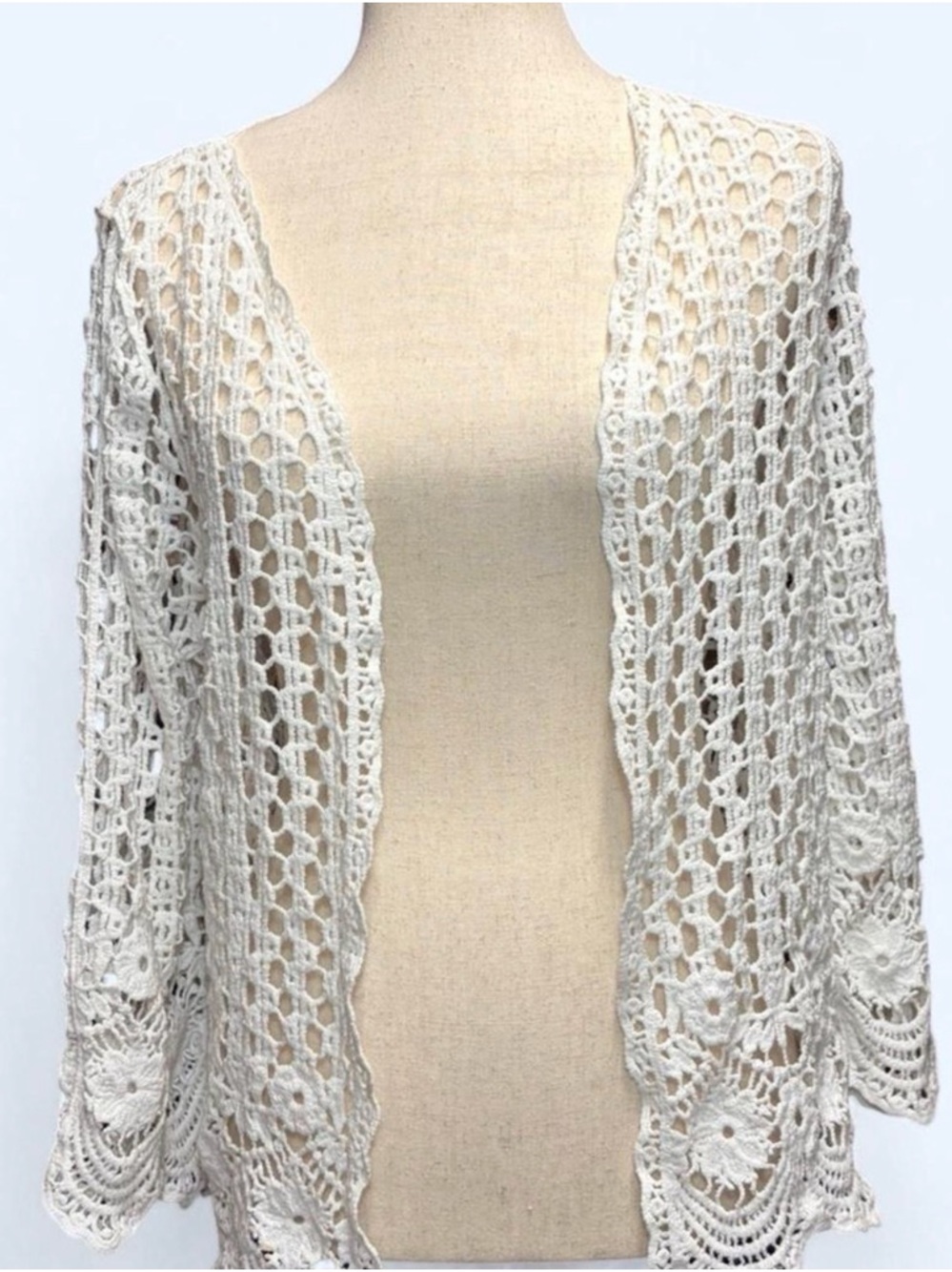 Vintage Style‎ White Crochet Cardigan Open Front Shrug Coquette Boho Knit